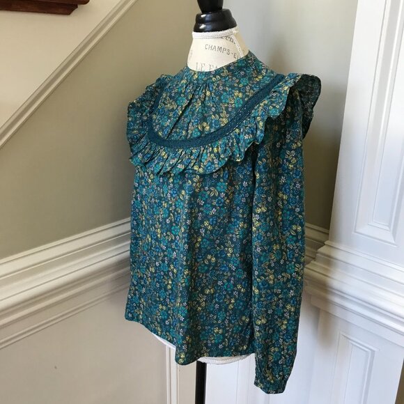 Banjanan Floral Print Blouse Top Shirt Womens Small Green Floral Long Sleeve - Picture 8 of 13